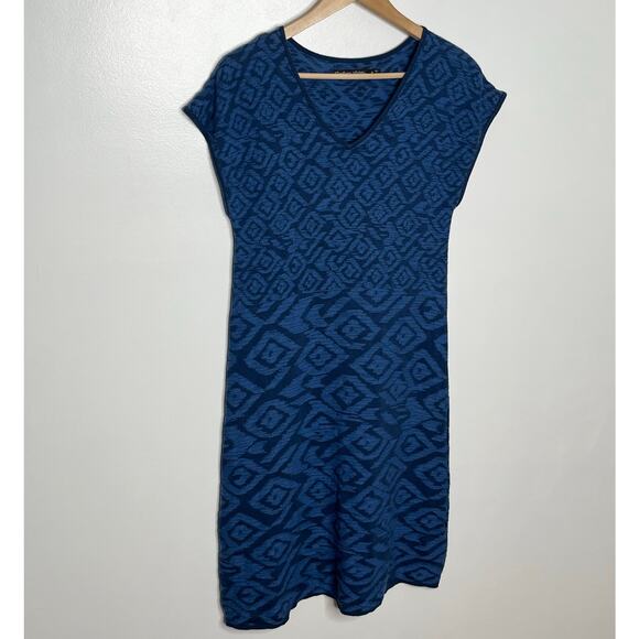 Gudrun Sjoden Womens Cap Sleeve Knit Midi Dress Small Blue Geometric V Neck - Picture 2 of 9
